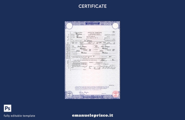 modello di certificato di nascita dello stato USA Tennessee in stile verificato 
